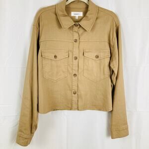Level99 Evereve Womens L Tan Crop Linen Blend Utility Shacket Chore Fall Ranch